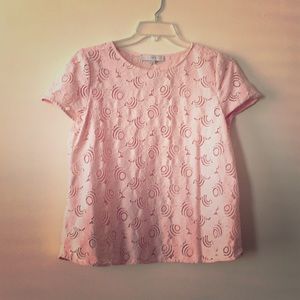 Loft (L) pink lace cap sleeve half peplum top